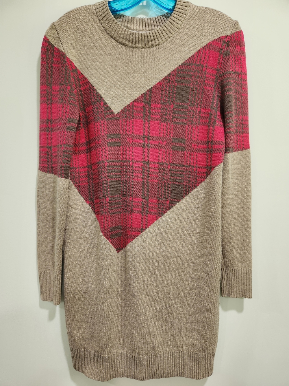 Thakoon Taupe Knit Long-Sleeve Dress with Red Plaid Chevron